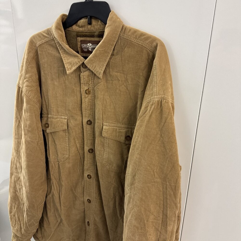 Levis Corduroy Coat Mens XXL Tan Brown Plaid Fleece‎ Flannel Lined Barn Shacket - Picture 2 of 11